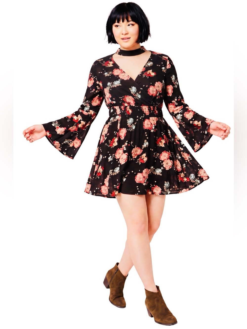 Stella Tweed Floral Faux Wrap Ruffle Sleeve Dress